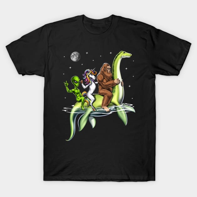 Cryptids Riding Loch Ness Monster T-Shirt by underheaven